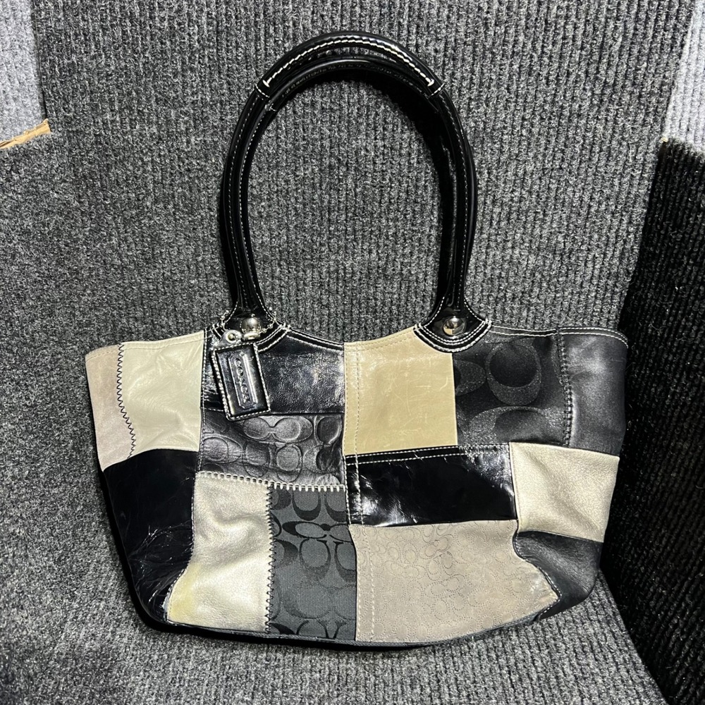 Vintage Coach Patchwork Tote Bag Womens Medium Black Grey Metallic F14045 Y2K